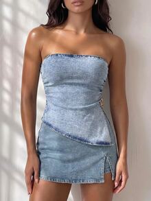 Sweetra Women's Side Slit Hem Fitted Denim Tube Top - Blue - View 11