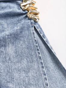 Sweetra Women's Side Slit Hem Fitted Denim Tube Top - Blue - View 4