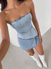 Sweetra Women's Side Slit Hem Fitted Denim Tube Top - Blue - View 13