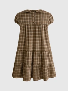 ROMWE Kawaii Japanese Style Cute Sweet French Girl Plaid Peter Pan Collar A-Line Short Dress For Women - Brown - View 2