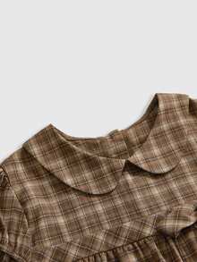 ROMWE Kawaii Japanese Style Cute Sweet French Girl Plaid Peter Pan Collar A-Line Short Dress For Women - Brown - View 4