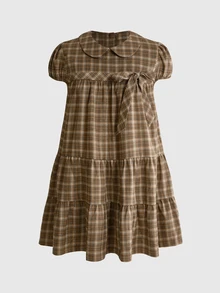 ROMWE Kawaii Japanese Style Cute Sweet French Girl Plaid Peter Pan Collar A-Line Short Dress For Women - Brown - View 1