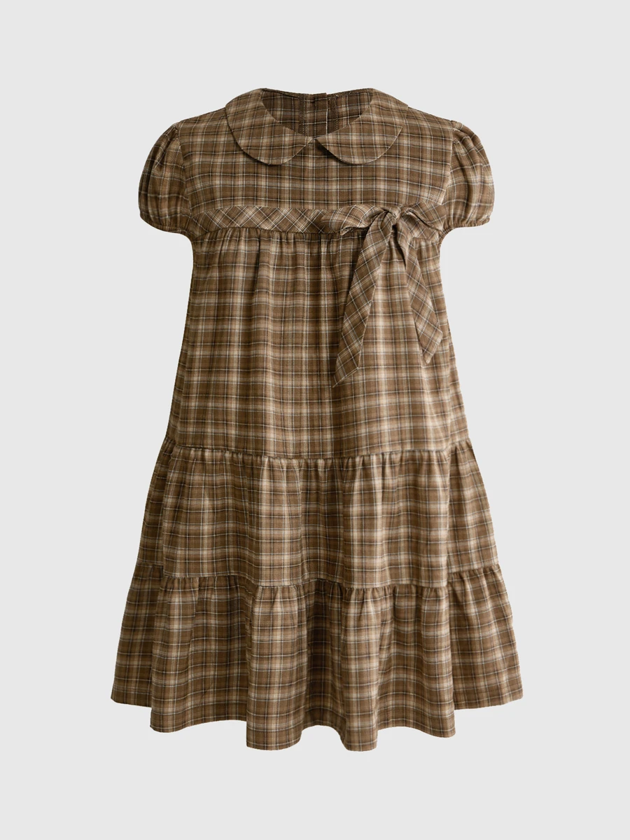ROMWE Kawaii Japanese Style Cute Sweet French Girl Plaid Peter Pan Collar A-Line Short Dress For Women - Brown - View 1