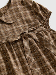 ROMWE Kawaii Japanese Style Cute Sweet French Girl Plaid Peter Pan Collar A-Line Short Dress For Women - Brown - View 3