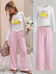 SHEIN Bộ 2 món thường ngày cho bé gái tuổi teen mùa Thu/Đông, áo ôm cổ tròn tay dài in chữ và chanh, quần dài họa tiết kẻ sọc, mặc hằng ngày - Hồng - Xem 5
