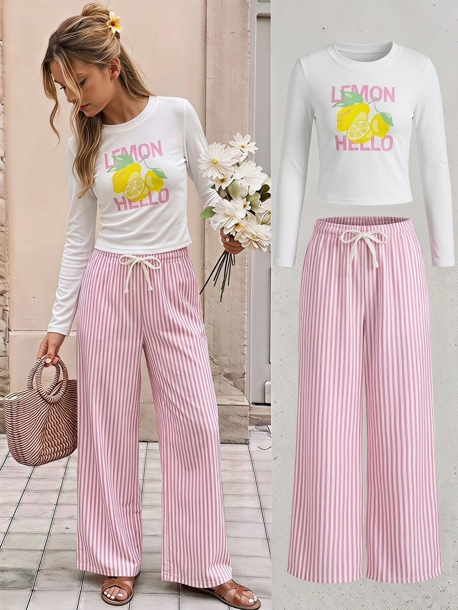SHEIN Kids Tween Girls Autumn/Winter Casual 2 Pieces Set, Round Neck Long Sleeve Letter & Lemon Print Slim Top And Striped Print Long Pants, Everyday Wear - Pink - View 1