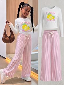 SHEIN Bộ 2 món thường ngày cho bé gái tuổi teen mùa Thu/Đông, áo ôm cổ tròn tay dài in chữ và chanh, quần dài họa tiết kẻ sọc, mặc hằng ngày - Hồng - Xem 1