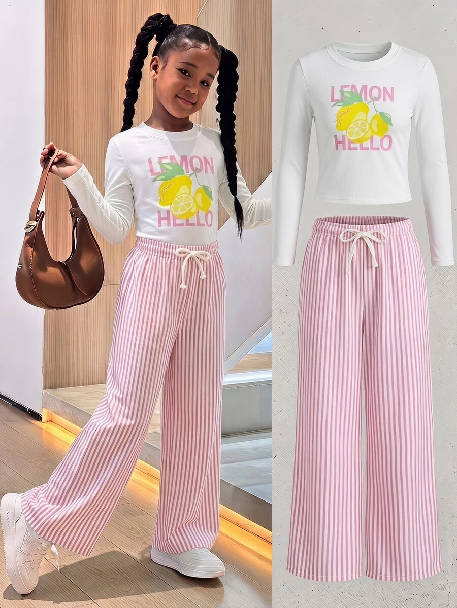 SHEIN Bộ 2 món thường ngày cho bé gái tuổi teen mùa Thu/Đông, áo ôm cổ tròn tay dài in chữ và chanh, quần dài họa tiết kẻ sọc, mặc hằng ngày - Hồng - Xem 1