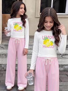 SHEIN Bộ 2 món thường ngày cho bé gái tuổi teen mùa Thu/Đông, áo ôm cổ tròn tay dài in chữ và chanh, quần dài họa tiết kẻ sọc, mặc hằng ngày - Hồng - Xem 3
