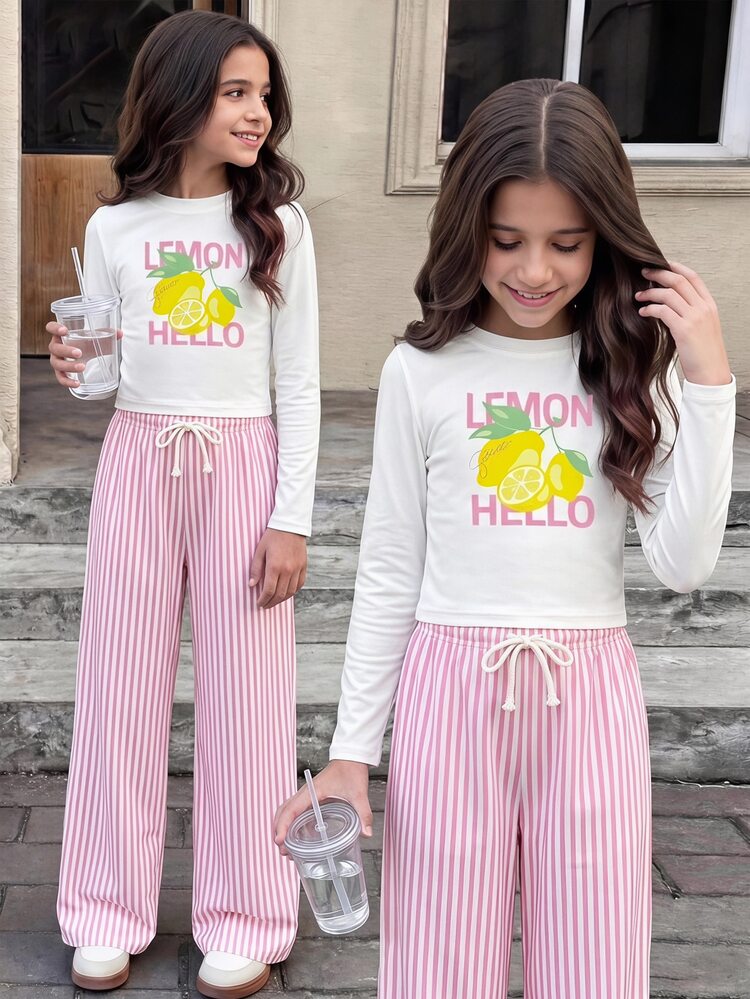 SHEIN Kids Tween Girls Autumn/Winter Casual 2 Pieces Set, Round Neck Long Sleeve Letter & Lemon Print Slim Top And Striped Print Long Pants, Everyday Wear - Pink - View 3