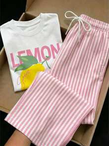 SHEIN Bộ 2 món thường ngày cho bé gái tuổi teen mùa Thu/Đông, áo ôm cổ tròn tay dài in chữ và chanh, quần dài họa tiết kẻ sọc, mặc hằng ngày - Hồng - Xem 2