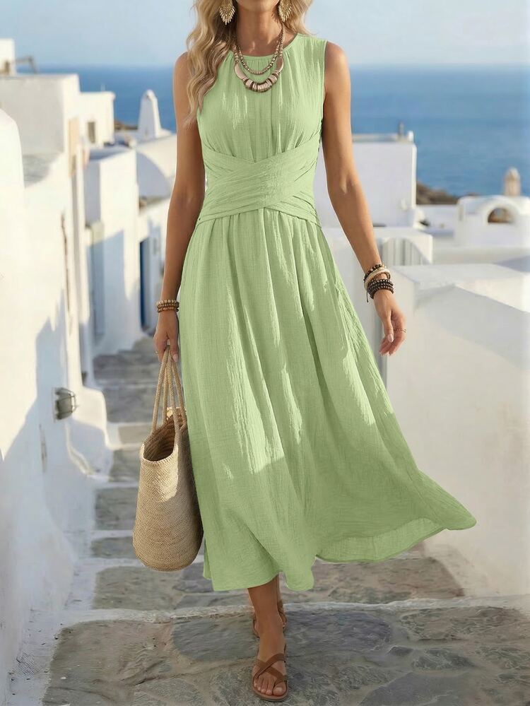 Louniche Women's Spring/Summer Casual Tropical Lime Green Sleeveless Dress, Criss-Cross Waist Design, Minimalist Style, Elegant, Daily Wear, Shopping Brunch - Limelight Green - View 5