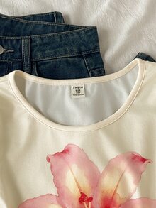 SHEIN 青少年女孩時尚休閒日常印花圓領長袖上衣 - 黃色 - 查看 3