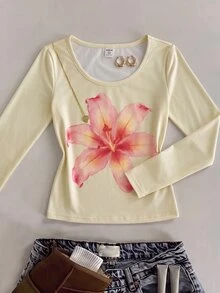 SHEIN 青少年女孩時尚休閒日常印花圓領長袖上衣 - 黃色 - 查看 6