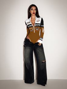 SHEIN ICON Women's Letter Print Contrast Color Zipper Front Casual Bodysuit - Multicolor - View 7
