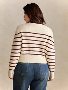 Elaquor 秋冬大码女式休闲条纹V领长袖开衫 - 酒紅色 - 查看 2