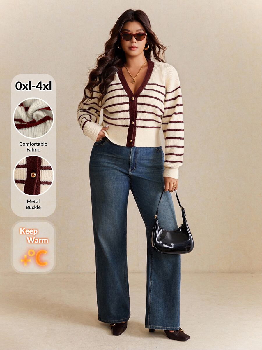 Elaquor Plus Size Women Casual Striped V-Neck Long Sleeve Cardigan In Fall/Winter - Burgundy - View 1