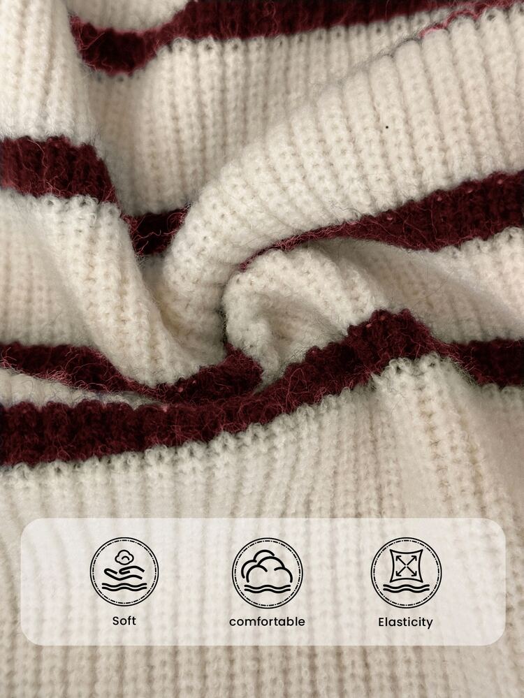 Elaquor Plus Size Women Casual Striped V-Neck Long Sleeve Cardigan In Fall/Winter - Burgundy - View 5