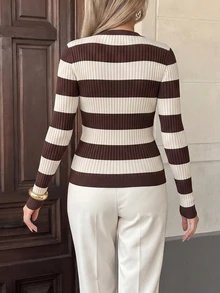 SHEIN PariChic French Retro Style Slim Fit Round Neck Long Sleeve Knit Henry Collar Button Contrast Stripe Multi-Color Women's Autumn Sweater,Fall Winter 2026 - Beige - View 3
