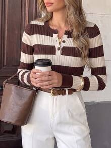 SHEIN PariChic French Retro Style Slim Fit Round Neck Long Sleeve Knit Henry Collar Button Contrast Stripe Multi-Color Women's Autumn Sweater,Fall Winter 2026 - Beige - View 5