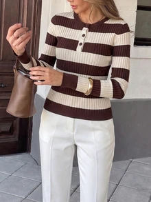 SHEIN PariChic French Retro Style Slim Fit Round Neck Long Sleeve Knit Henry Collar Button Contrast Stripe Multi-Color Women's Autumn Sweater,Fall Winter 2026 - Beige - View 4