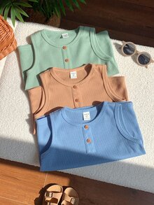 SHEIN 買1送2，小男孩3件組夏季舒適字母拼接休閒背心，校園、休閒與運動服飾 - 彩色 - 查看 3