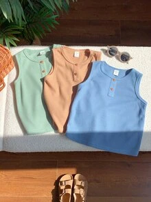 SHEIN 買1送2，小男孩3件組夏季舒適字母拼接休閒背心，校園、休閒與運動服飾 - 彩色 - 查看 4