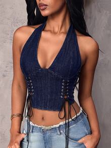 SHEIN Atasan Denim Wanita Model Halter Neck dengan Desain Tali Pengikat, Kasual - Biru - View 1