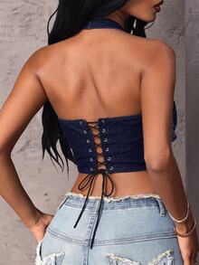 SHEIN Atasan Denim Wanita Model Halter Neck dengan Desain Tali Pengikat, Kasual - Biru - View 2