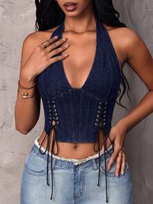 SHEIN Atasan Denim Wanita Model Halter Neck dengan Desain Tali Pengikat, Kasual - Biru - View 5