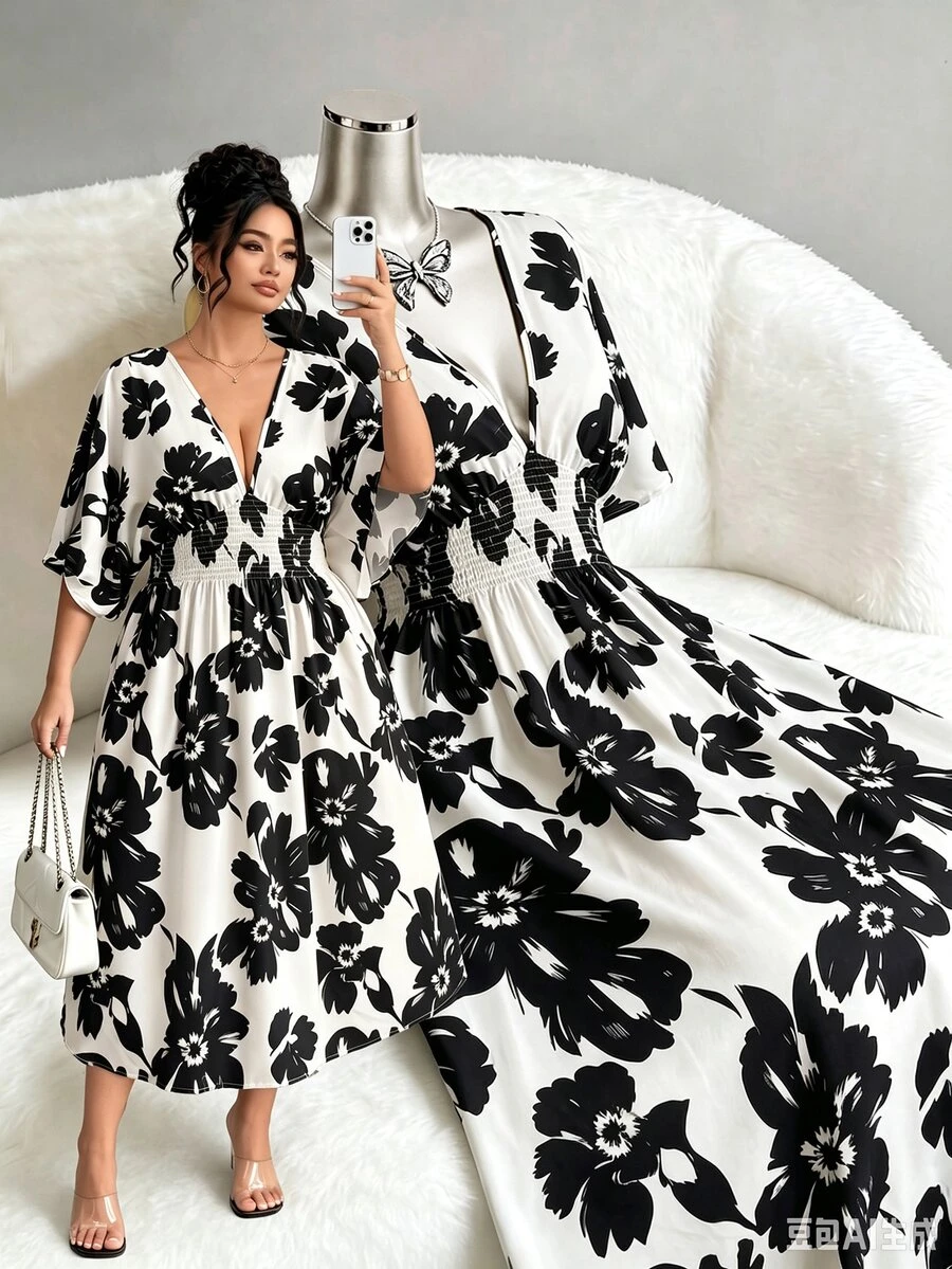 SHEIN LUNE CURVE Plus Size Short Sleeve Shirred Printed Dress For ...