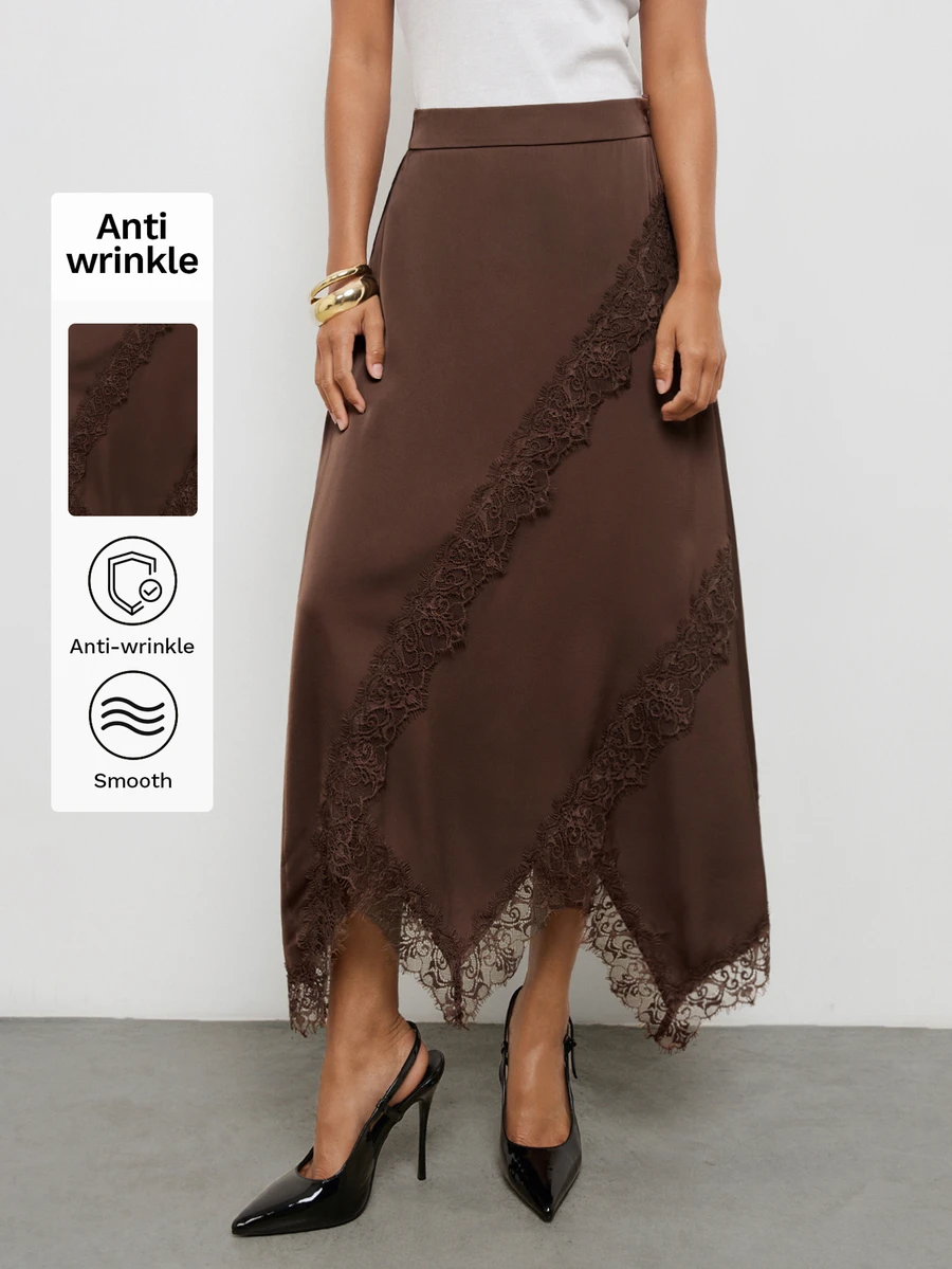 Maija Women's Lace Patchwork Casual Versatile Daily Wear Skirt - Brown - View 1