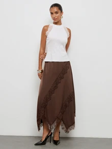 Maija Women's Lace Patchwork Casual Versatile Daily Wear Skirt - Brown - View 2