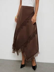 Maija Women's Lace Patchwork Casual Versatile Daily Wear Skirt - Brown - View 3