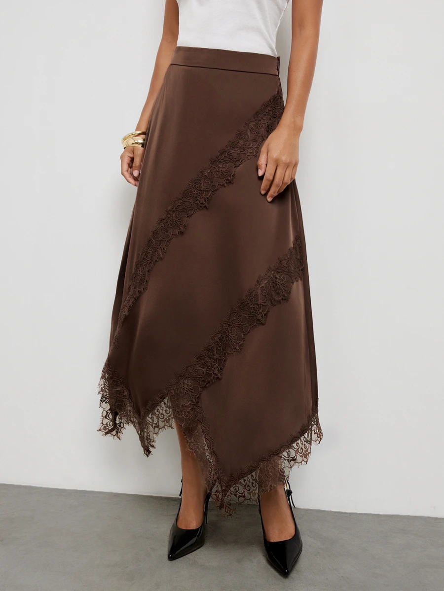 Maija Women's Lace Patchwork Casual Versatile Daily Wear Skirt - Brown - View 1