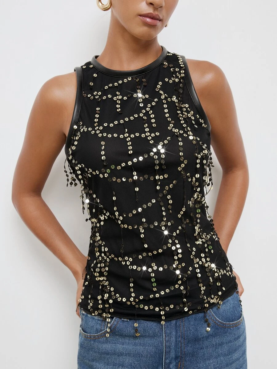 Maija Women's Sequin Fashion Versatile Daily Wear Top - Black - View 1