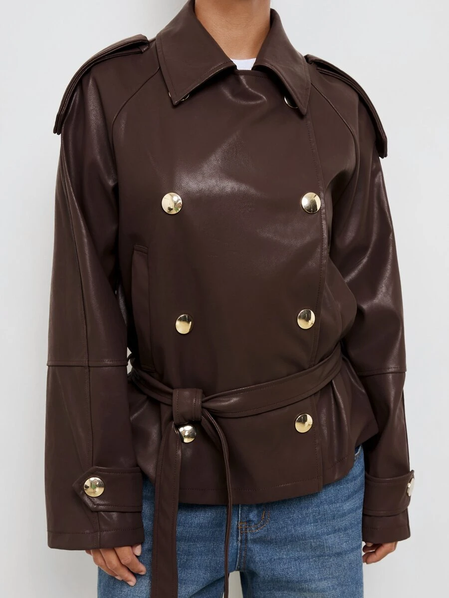 Maija Women's Solid Color Raglan Long Sleeve Double-Breasted Casual Regular Fit Jacket - Coffee Brown - View 1