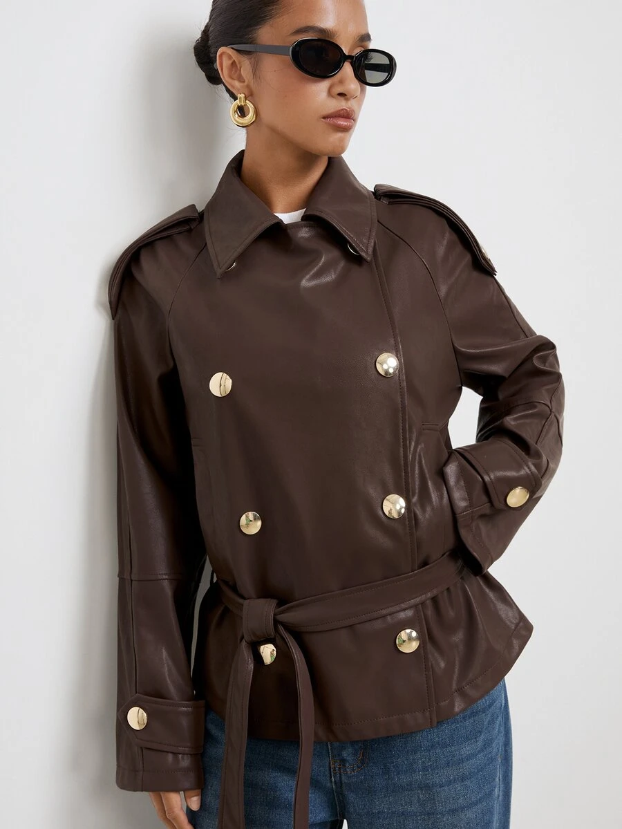 Maija Jaket Kasual Wanita Lengan Panjang Raglan Kancing Ganda Warna Polos dengan Potongan Reguler - Coffee Brown - View 1