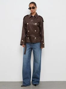 Maija Women's Solid Color Raglan Long Sleeve Double-Breasted Casual Regular Fit Jacket - Coffee Brown - View 6