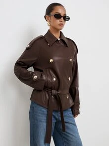 Maija Women's Solid Color Raglan Long Sleeve Double-Breasted Casual Regular Fit Jacket - Coffee Brown - View 4