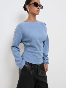 Maija Women's Solid Color Drop Shoulder Long Sleeve Casual Fashion T-Shirt - Dusty Blue - View 4