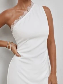 Maija Women's Sweet Lace Patchwork One Shoulder Slit Dress - White - View 5