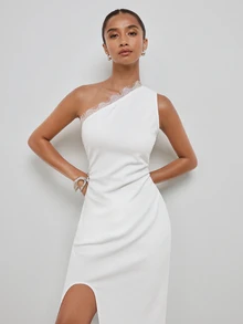 Maija Women's Sweet Lace Patchwork One Shoulder Slit Dress - White - View 7