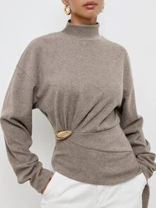 Maija Women's Solid Color High Neck Drop Shoulder Long Sleeve Top With Metal Waist Decoration - Brown - View 7