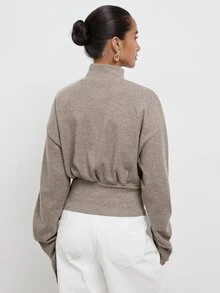 Maija Women's Solid Color High Neck Drop Shoulder Long Sleeve Top With Metal Waist Decoration - Brown - View 3