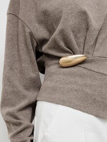 Maija Women's Solid Color High Neck Drop Shoulder Long Sleeve Top With Metal Waist Decoration - Brown - View 5