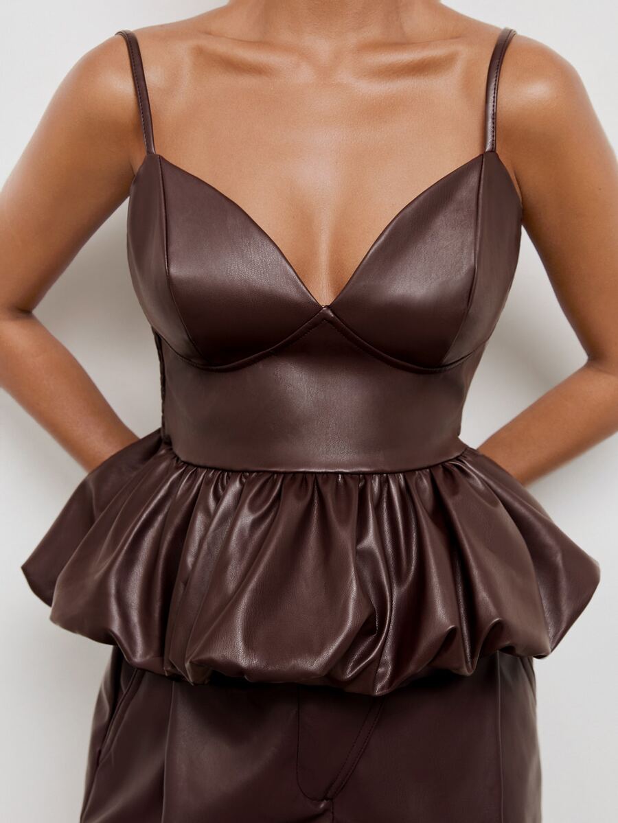 Maija Women's Elegant Delicate Bud Hem PU Material Camisole,Going Out Outfits, Work Outfits For Women,Fall Clothes - Burgundy - View 1