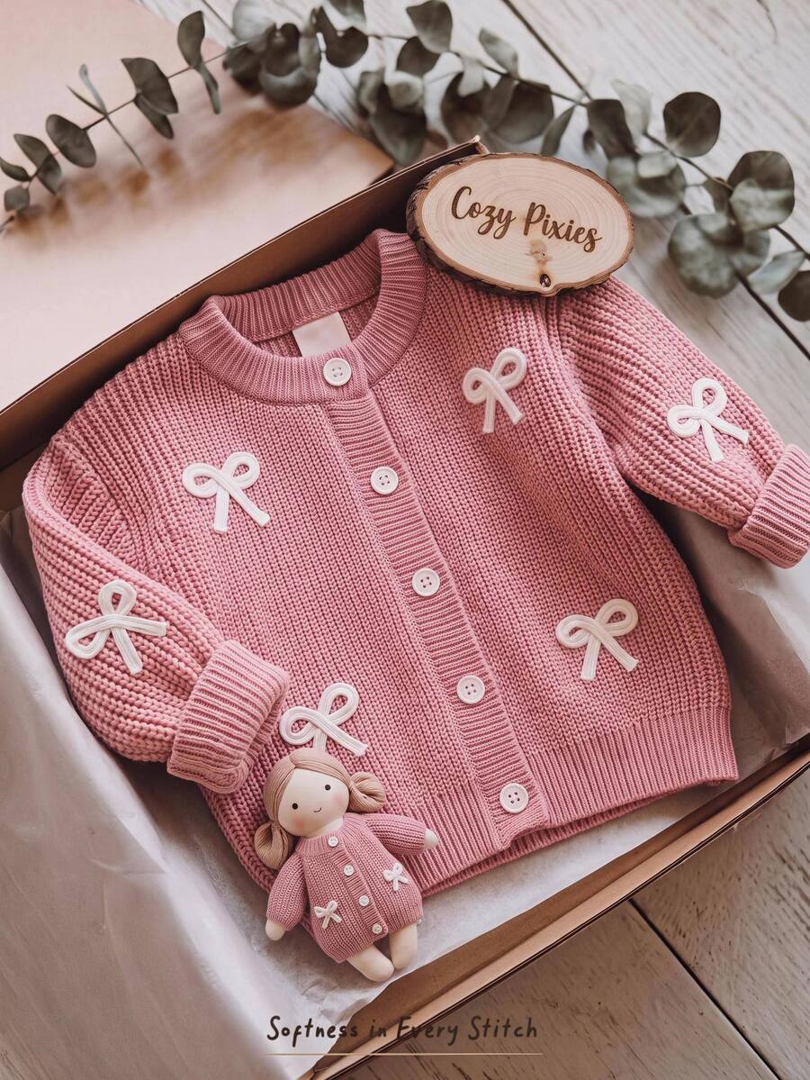 Cozy Pixies Baby Girl Bow Front Button Placket Autumn Cardigan - Pink - View 1