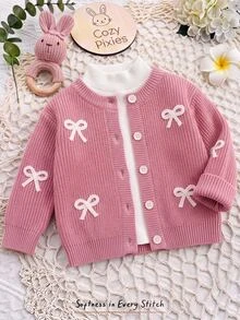 Cozy Pixies Baby Girl Bow Front Button Placket Autumn Cardigan - Pink - View 2