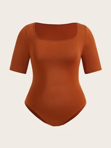 SHEIN BASICS 大尺碼純色圓領連身衣女款夏季穿搭 - 鏽棕色 - 查看 2